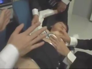 Unconscious ofis young female fingered mouth fucked by her colleagues on the chair in the ofis