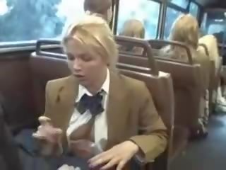 Blonde femme fatale suck asian juveniles pecker on the bus